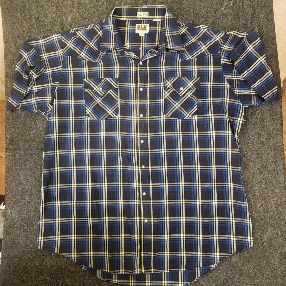 Vintage Ely Cattleman Tall Man Pearl Snap Shirt Men 2XL Tall Blue Plaid Western